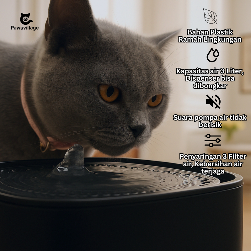 Tempat Minum Otomatis PAWSVILLAGE, Keran Air Kucing, Tempat Minum Filter, Dispenser Kucing 3 Liter