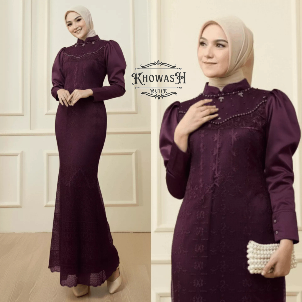 Gamis Kondangan Duyung Wanita Remaja Model Press Body Bahan Satin Mix Brukat Premium Warna Mahogany
