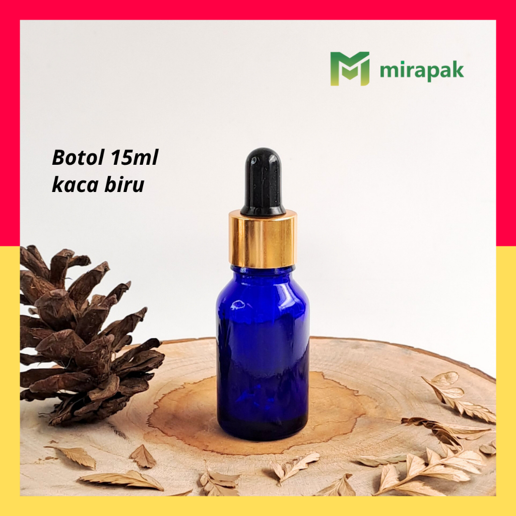 BOTOL PIPET 15ML BIRU KACA TEBAL - RING GOLD KARET HITAM - SERUM KOSMETIK SKINCARE - R18GOLD KARET18