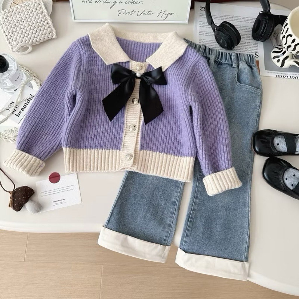 dailykids setelan celana jeans atasan rajut pita lilac import anak perempuan