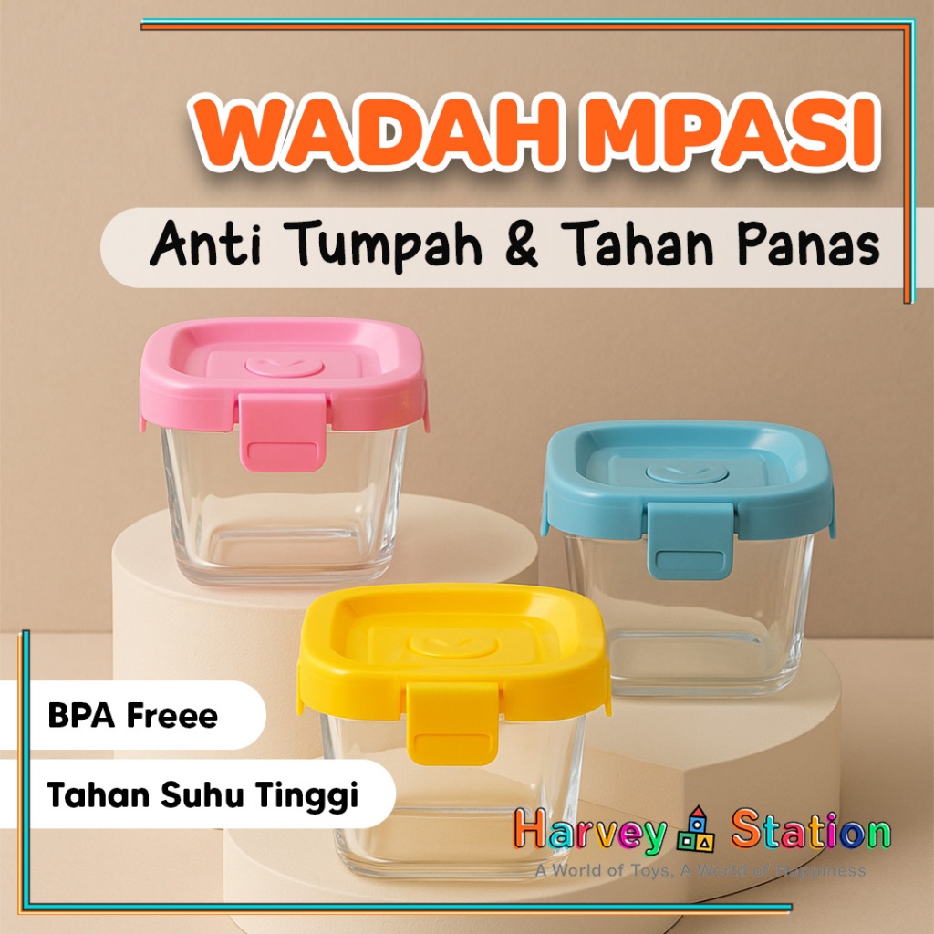 Tempat MPASI Kaca Tempat Makan Bayi Anti Tumpah Kontainer Wadah Snack Mpasi Tahan Panas Microwave Pe