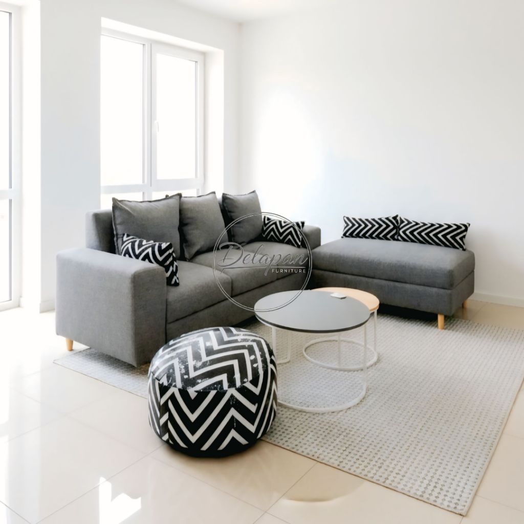 Sofa L Sudut gracia Minimalis Modern | Set Kursi Tamu Kayu Jati Putih + Stool Bulat | Tanpa Meja