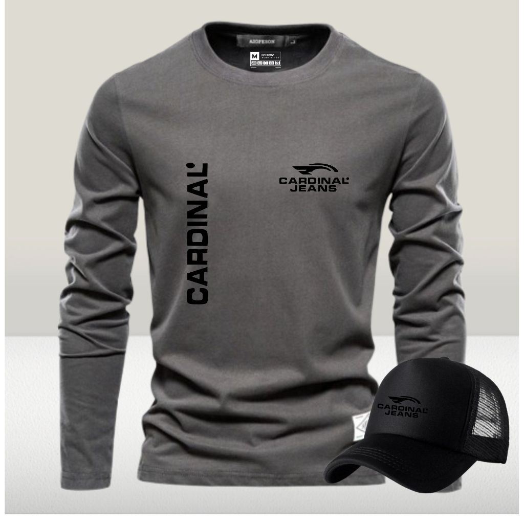 BONUS TOPI  (PROMO COD)baju kaos KARDINAL KIRKA   lengan panjang motif Text HITAM/ Pakaian Pria & Wa