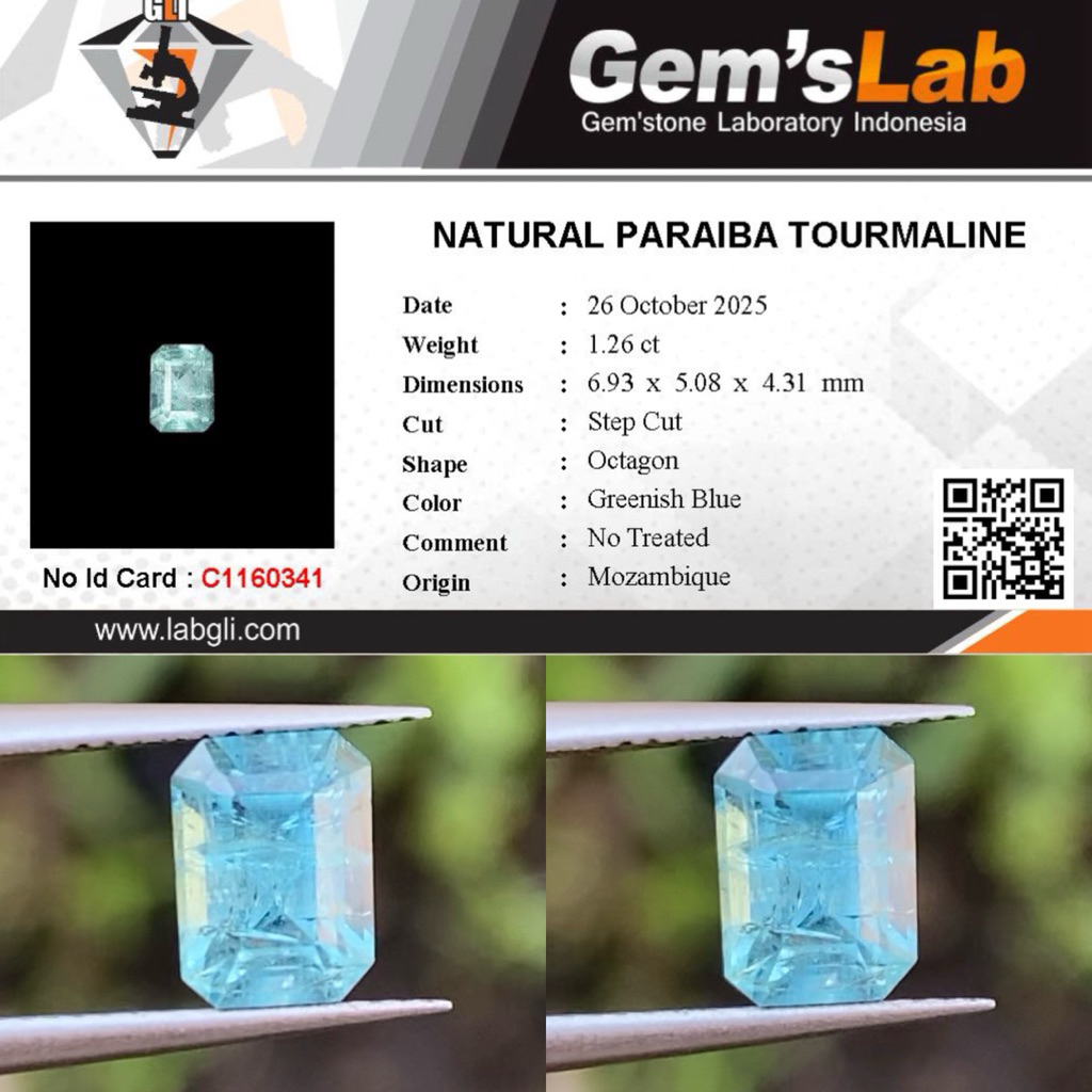 1,26 cts Natural Paraiba Tourmaline origin Mozambique No Treatment Memo GLI