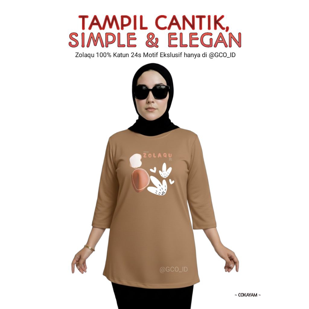 Semitunik Zolaqu Original Wanita Terbaru 2025 Motif Ekslusif | Kaos T-shirt Coklat Kayam Lengan Panj