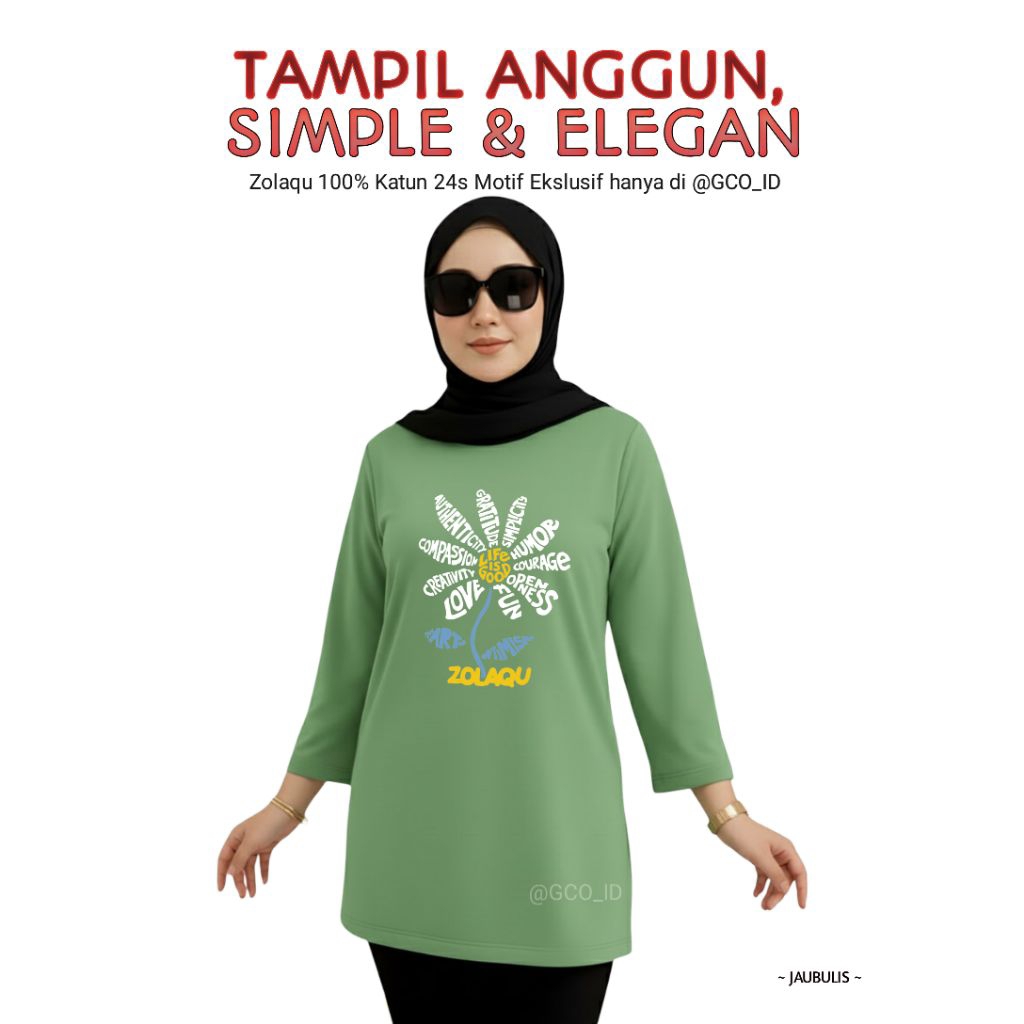 Kaos Semitunik Zolaqu Original Terbaru 2025 Hijau Sage | Oversize ZLQ Tunik Motif Bulis Lengan Panja