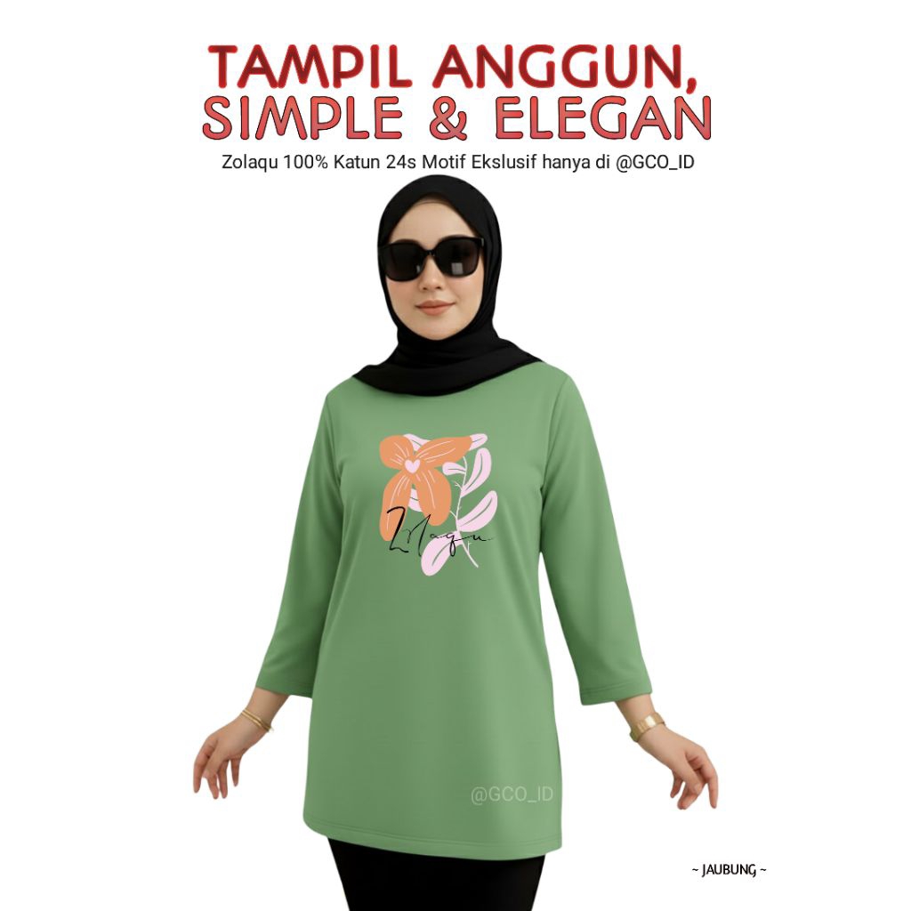 Kaos Semitunik Zolaqu Original Terbaru 2025 Hijau Sage | Oversize ZLQ Tunik Motif Bunga Lengan Panja