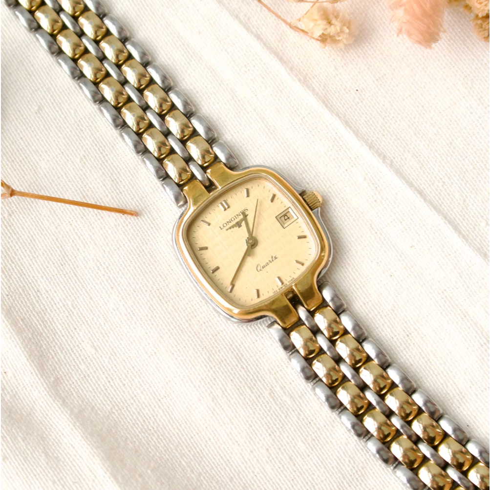 Jam Tangan Wanita Vintage Watch Longines Square Gold Dial Two Tone Chain Original Autentik Preloved 