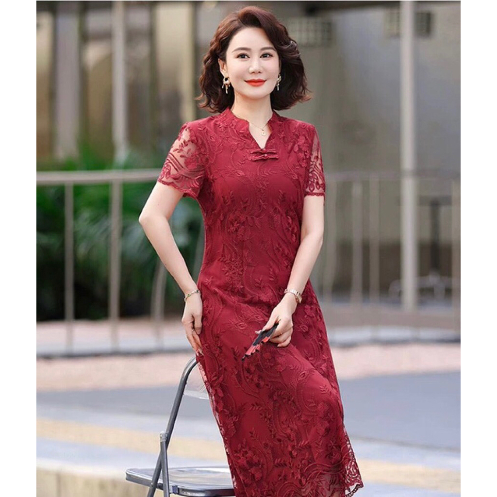 Dress Merah Cheongsam Lace Elegan