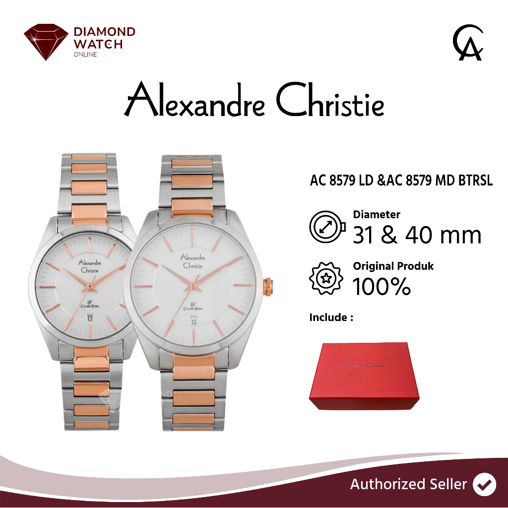 Alexandre Christie Couple AC 8579 LD BTRSL Ladies & AC 8579 MD BTRSL Men Classic Steel White Dial Du