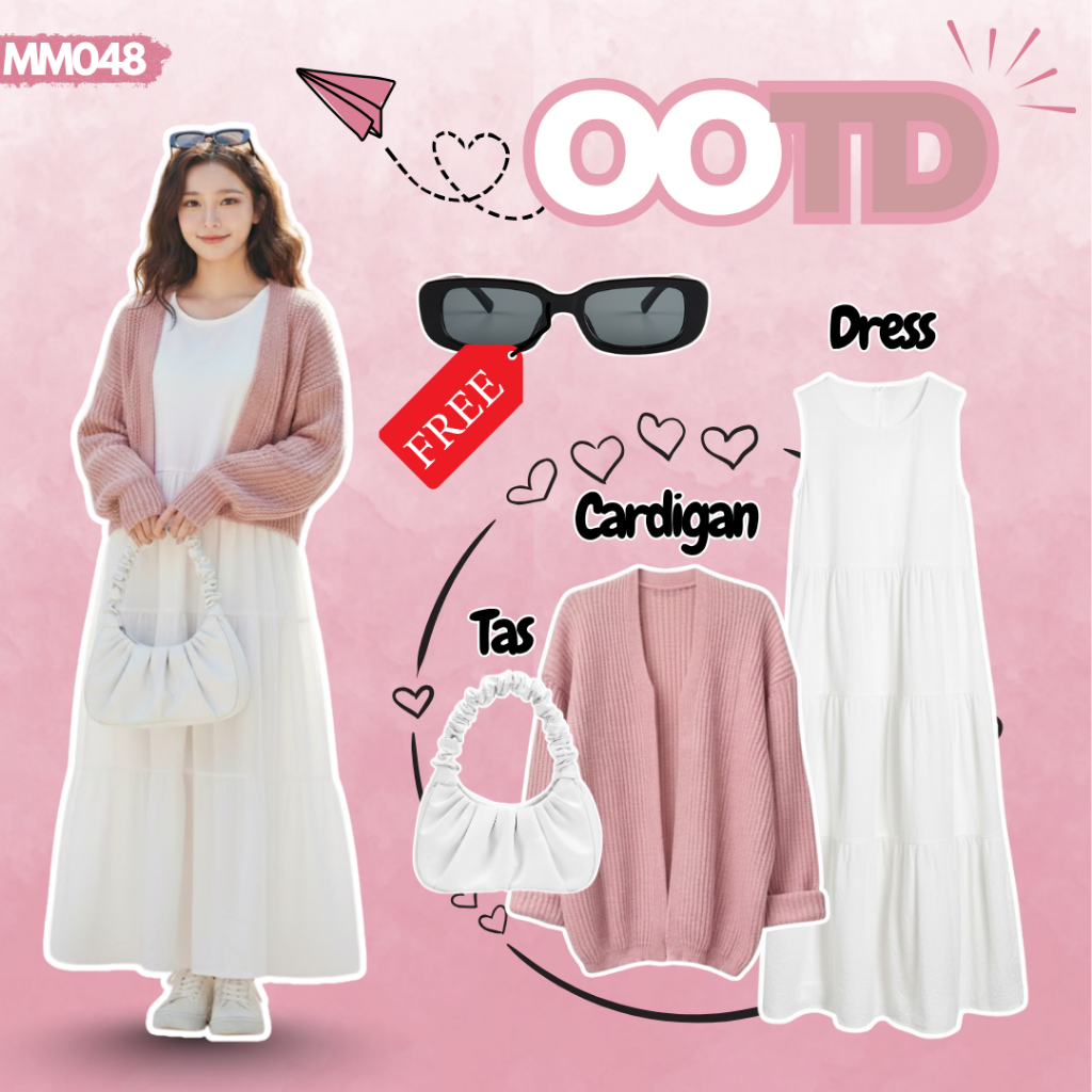 Outfit Korean Style 3in1 | Cardigan Rajut Pink | Inner Dress Putih | Shoulder Bag Putih | MM048