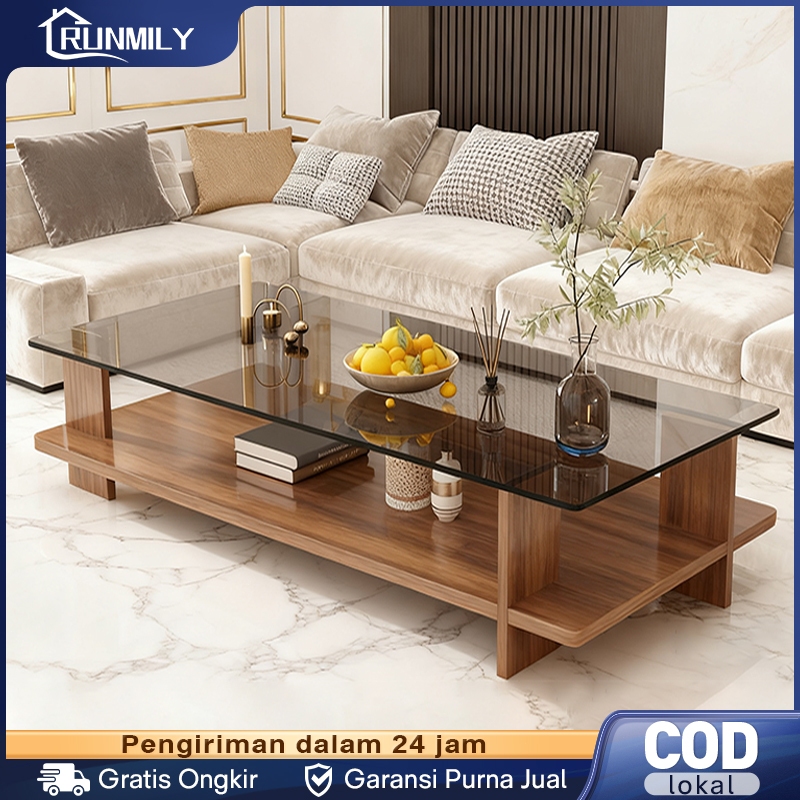 Meja Tamu Kaca Tempered +Kayu Minimalis Coffee Table 2 Tingkat  Aesthetic Meja Tv Meja Tamu Sofa Mew