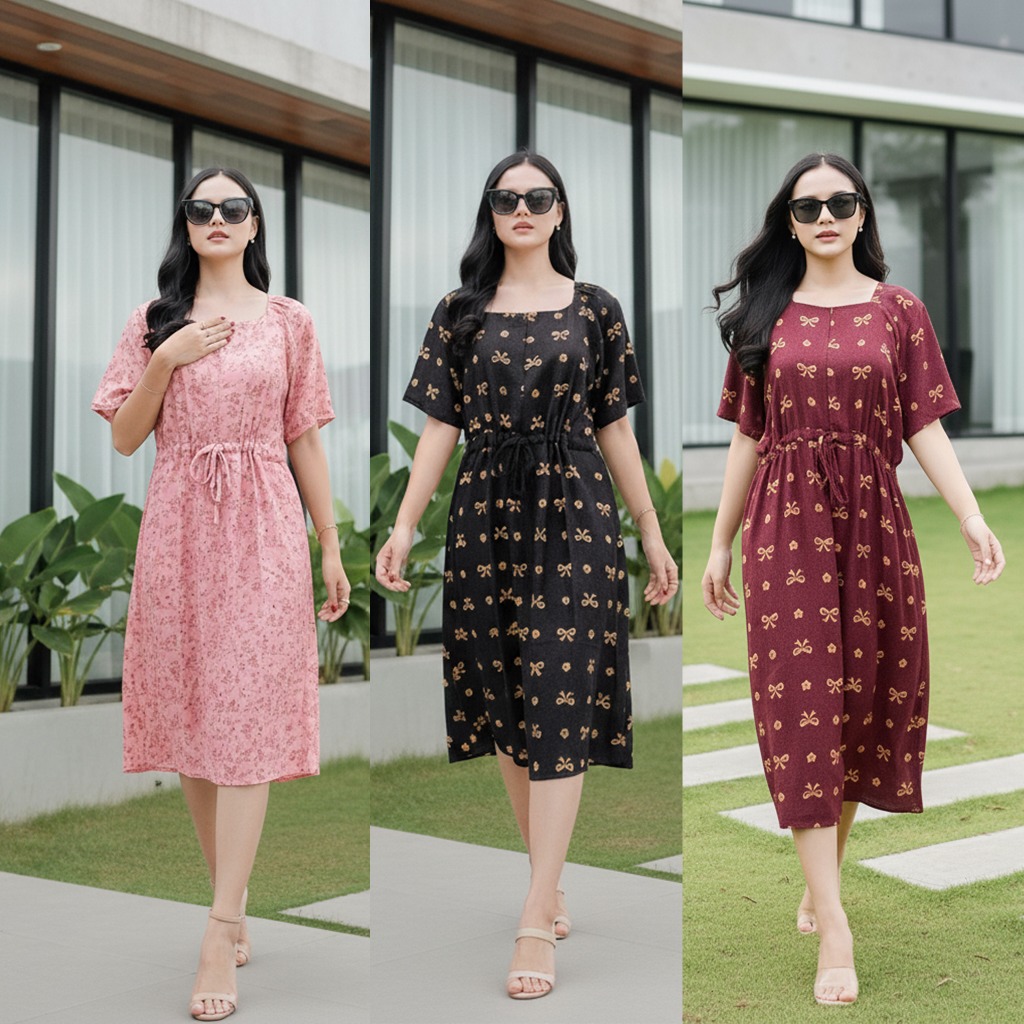 Daster Dress Kerut Pinggang Rayon Kekinian Motif Terbaru Premium Tali Bando - Misty by Biansa Style