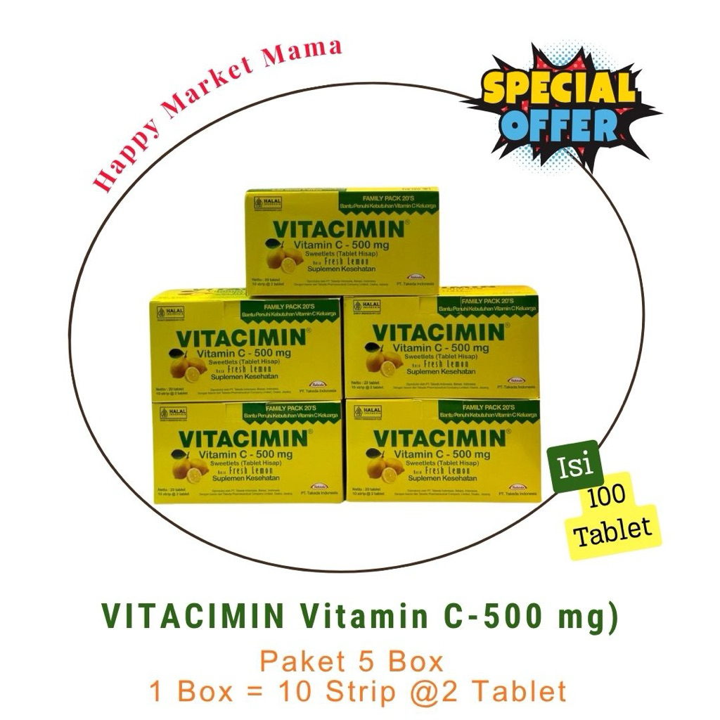 VITACIMIN Vitamin C-500 mg, paket 5 Box (1 Box isi 10 strip @2 tablet), Total 100 tablet