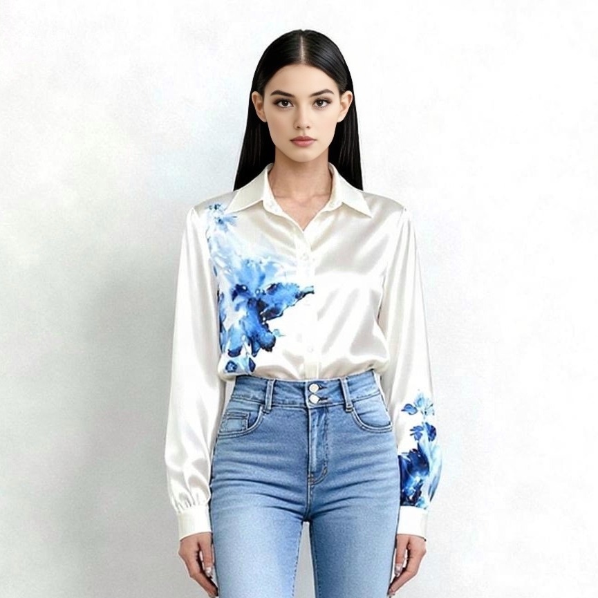 Kemeja Wanita Satin Putih Motif Biru Lengan Panjang 6415 - MEIN Premium