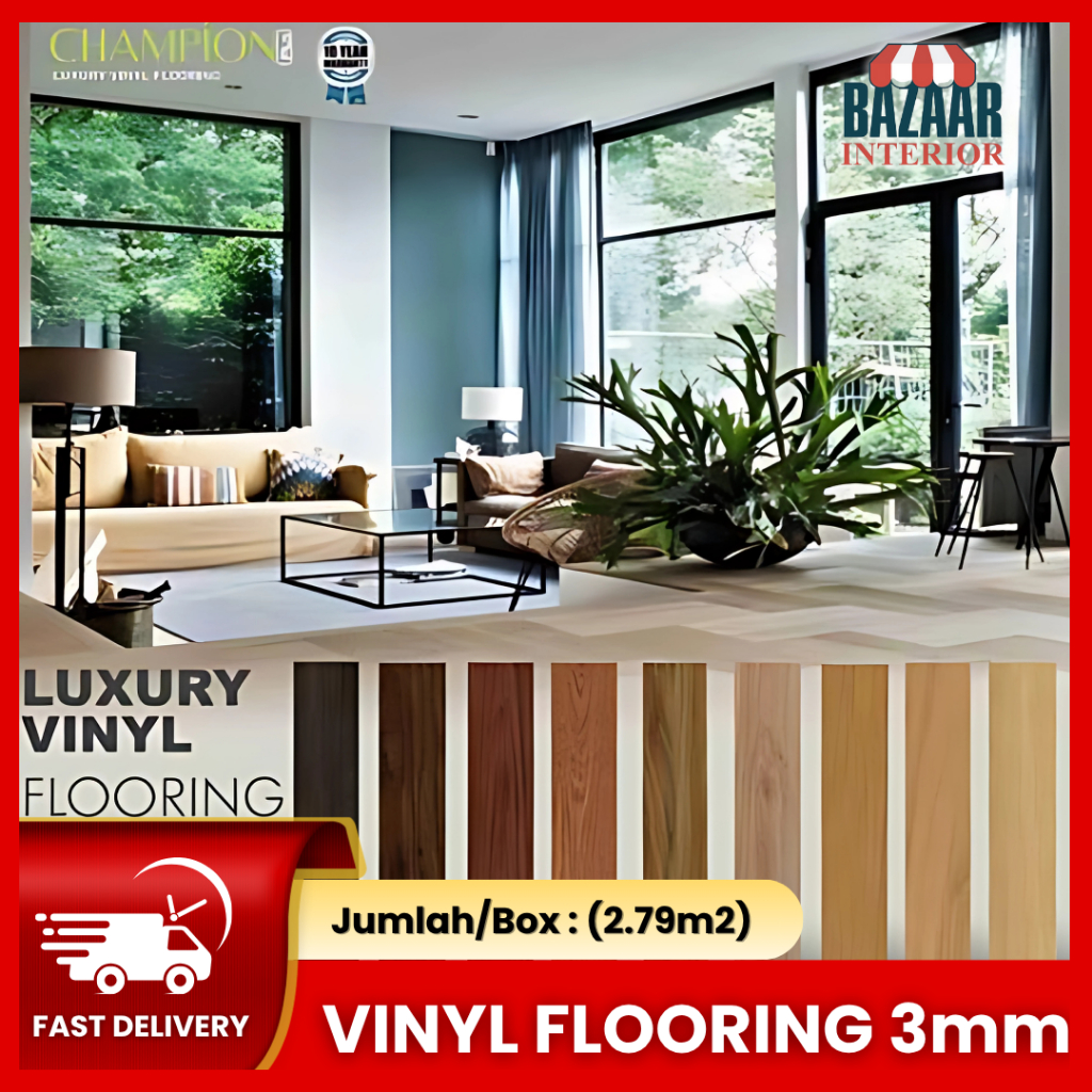 CHAMPION Lantai Vinyl 3mm Berkualitas - Vinyl Lantai Motif Kayu 1 Box 2.79 m2