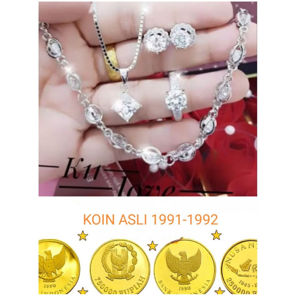 set perhiasan silver koin asli 1991 warna emas putih anti luntur