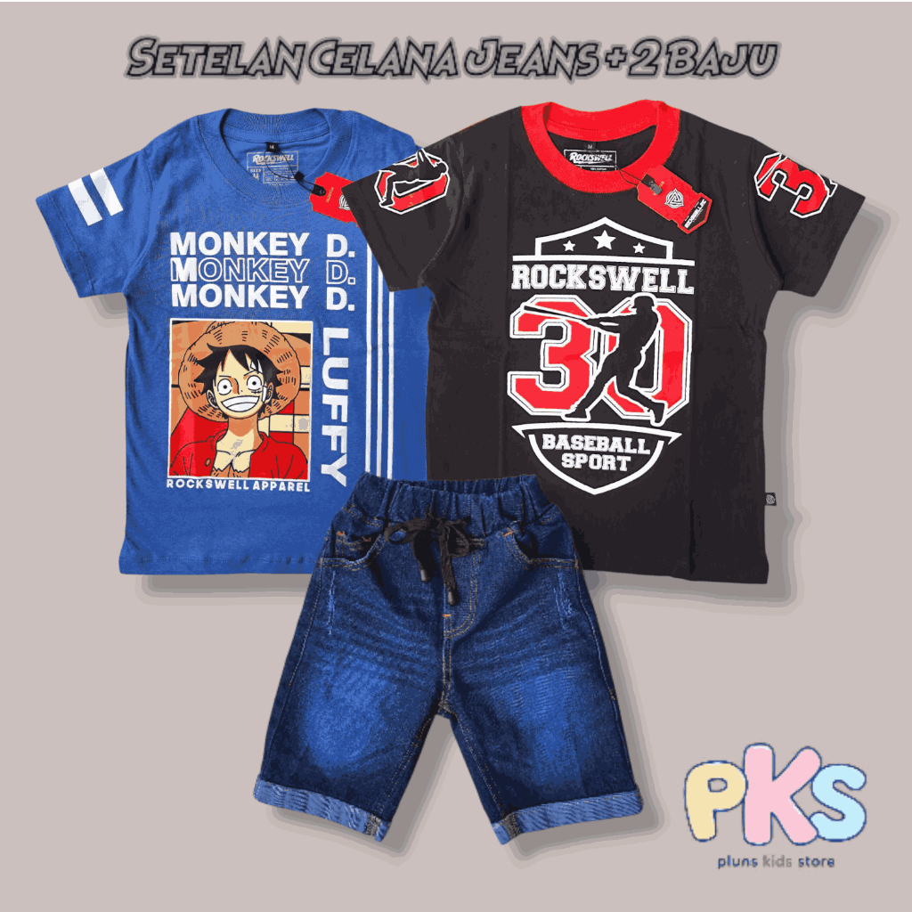 Setelan Anak Laki Laki 2 Baju BaseBall 1 Celana Jeans Denim 4-15 Tahun