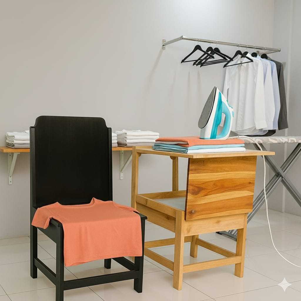 Meja Setrika Lipat Kursi Portabel Serbaguna Gosokan Alas Perlengkapan Gosok Kokoh Jati Duduk Kayu