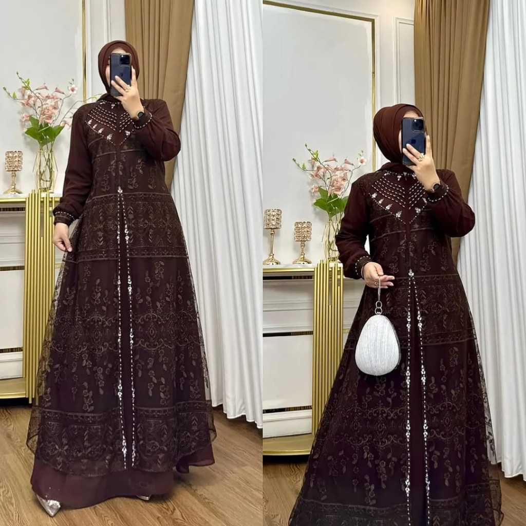 Aqila Dress Pesta Mahogany Gamis Wanita Brukat Burgundy Bahan Ceruty Babydoll Aplikasi Payet Mewah