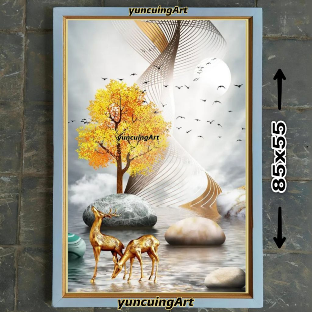 hiasan dinding lukisan cetak rusa emas estetik plus bingkai ukuran 85*55