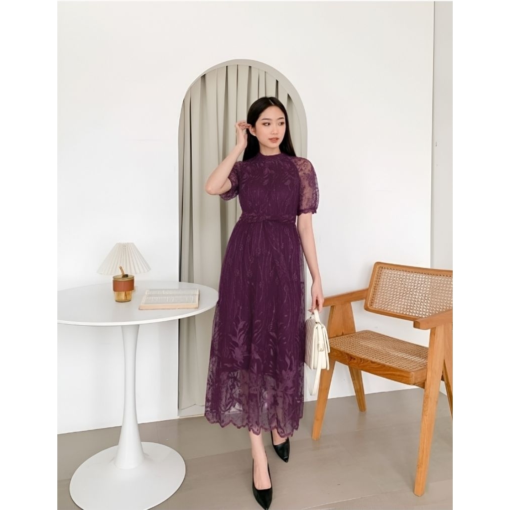Dress Pesta Kondangan Brokat Tile Elegan Mewah / Midi Dress Annabelle / Gaun pesta model korea / Dre
