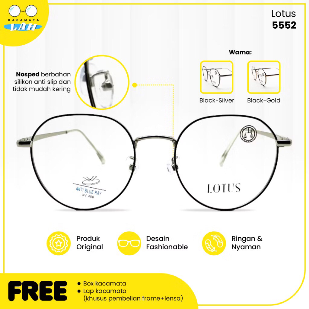 NEW Kacamata LAH - Kacamata Anti Radiasi Pria Wanita Frame Blueray Lotus 5552 Oval Minus 3.00 cyl 1.