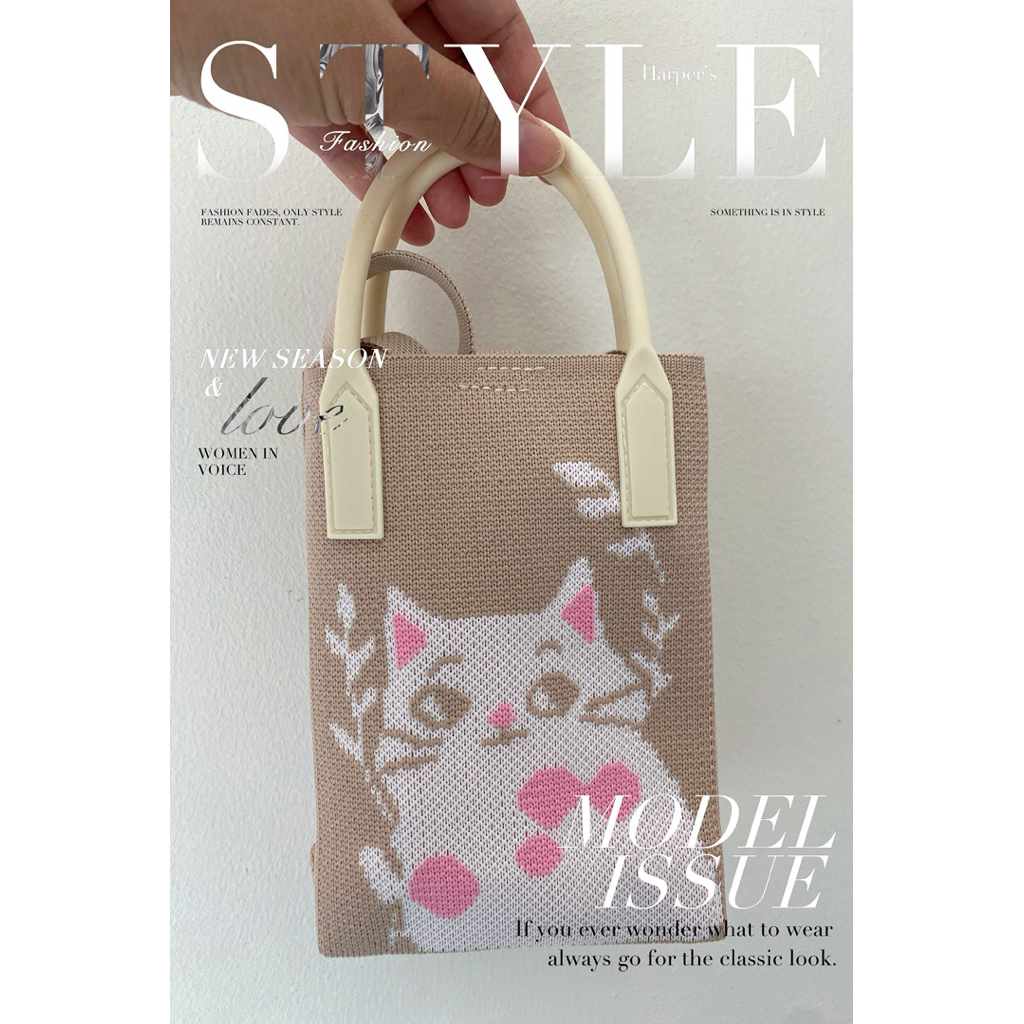 Tas selempang rajut Pink kitty