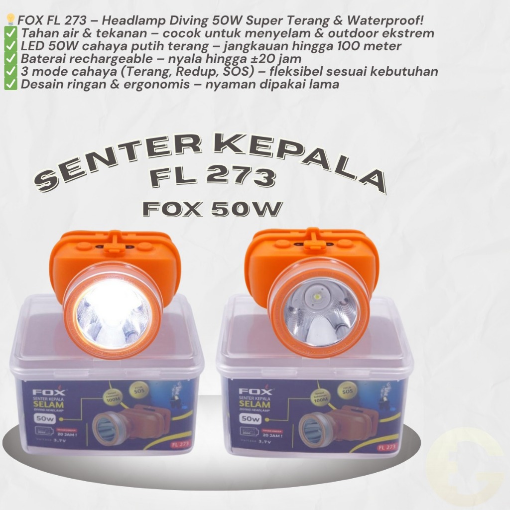 Senter Kepala Selam FOX FL 273 – Headlamp Diving LED 50W Super Terang, Waterproof & Rechargeable