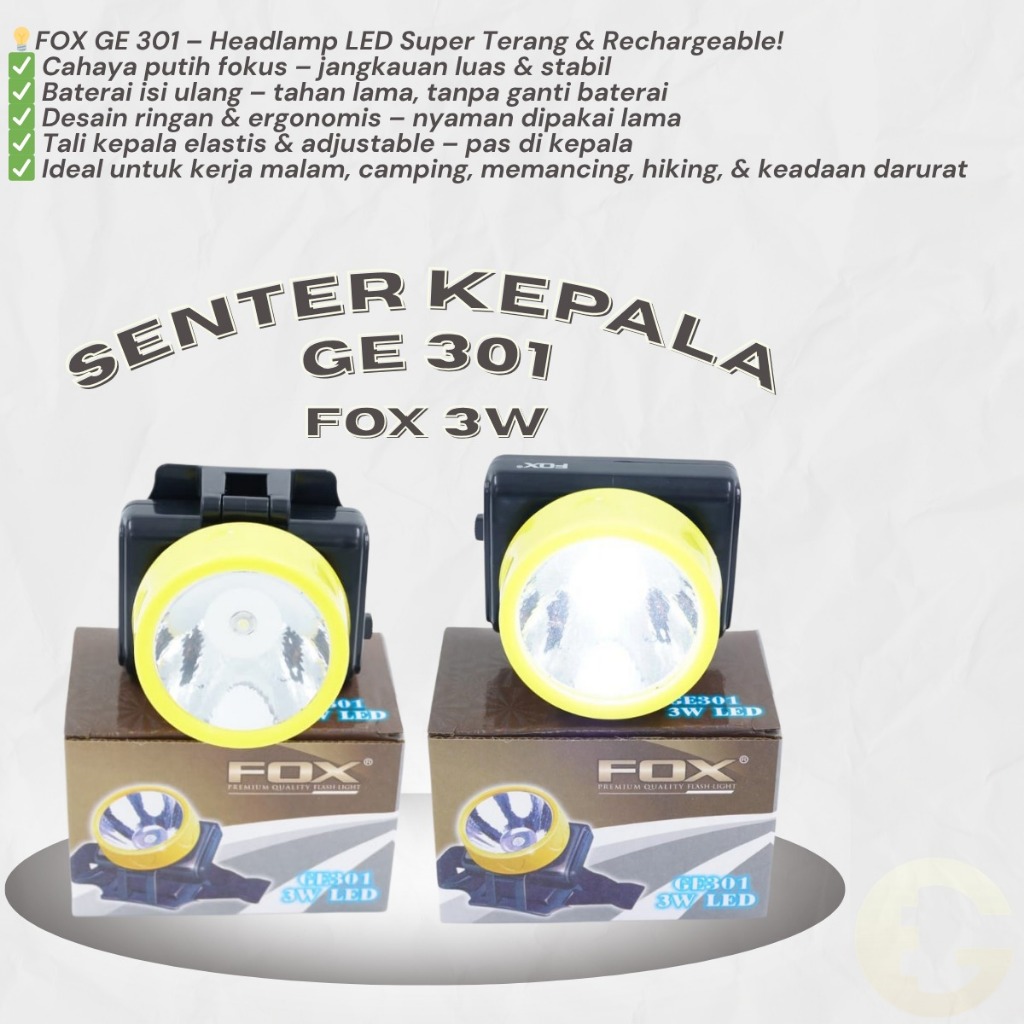 Senter Kepala LED FOX GE 301 – Headlamp Cas 3W Super Terang, Rechargeable, Ringan Outdoor & Darurat