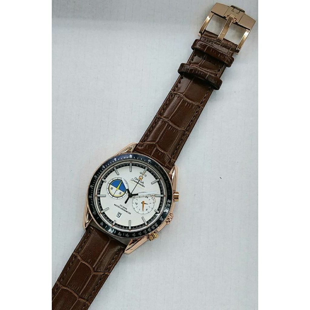 Jam Tangan Pria Wanita OmegaSpeedMasterStrapLeather/KulitChrono on/aktif