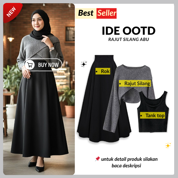 One set sweater blouse rajut ( Silang + Celana Cutbray + Rok + Tanktop + Hijab) 3in1 Korean Style