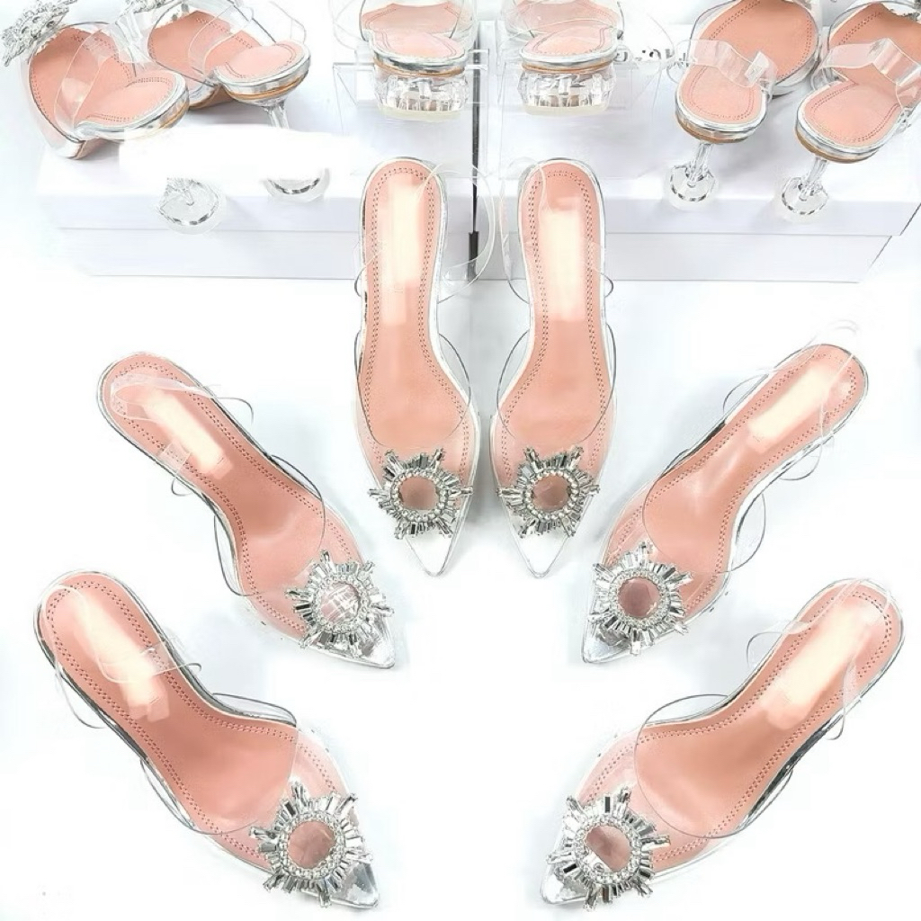 Amina Muaddi Pointed Heels 3cm,7cm,9cm Transparan Mutiara 912