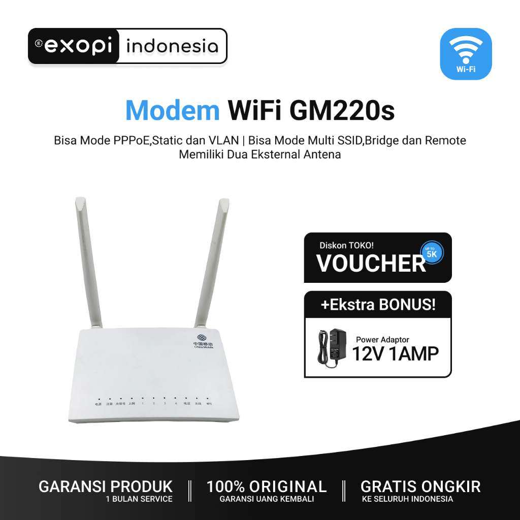 Modem XPON GM220-S Gpon Epon Onu | Modem Router WiFi Dual Antena | Cocok Untuk RT RW Net Voucher