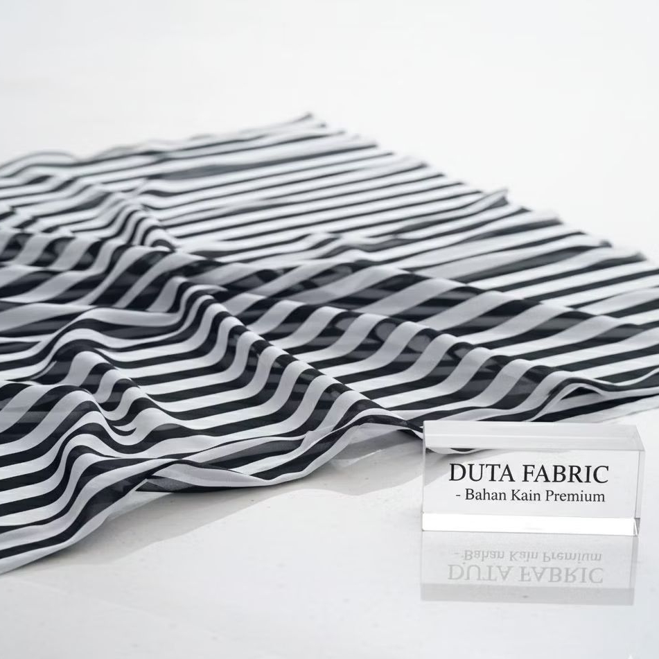Kain Sifon Chiffon Motif Stripe Zebra Tebal Monokrom Premium (Harga Per 0,5)