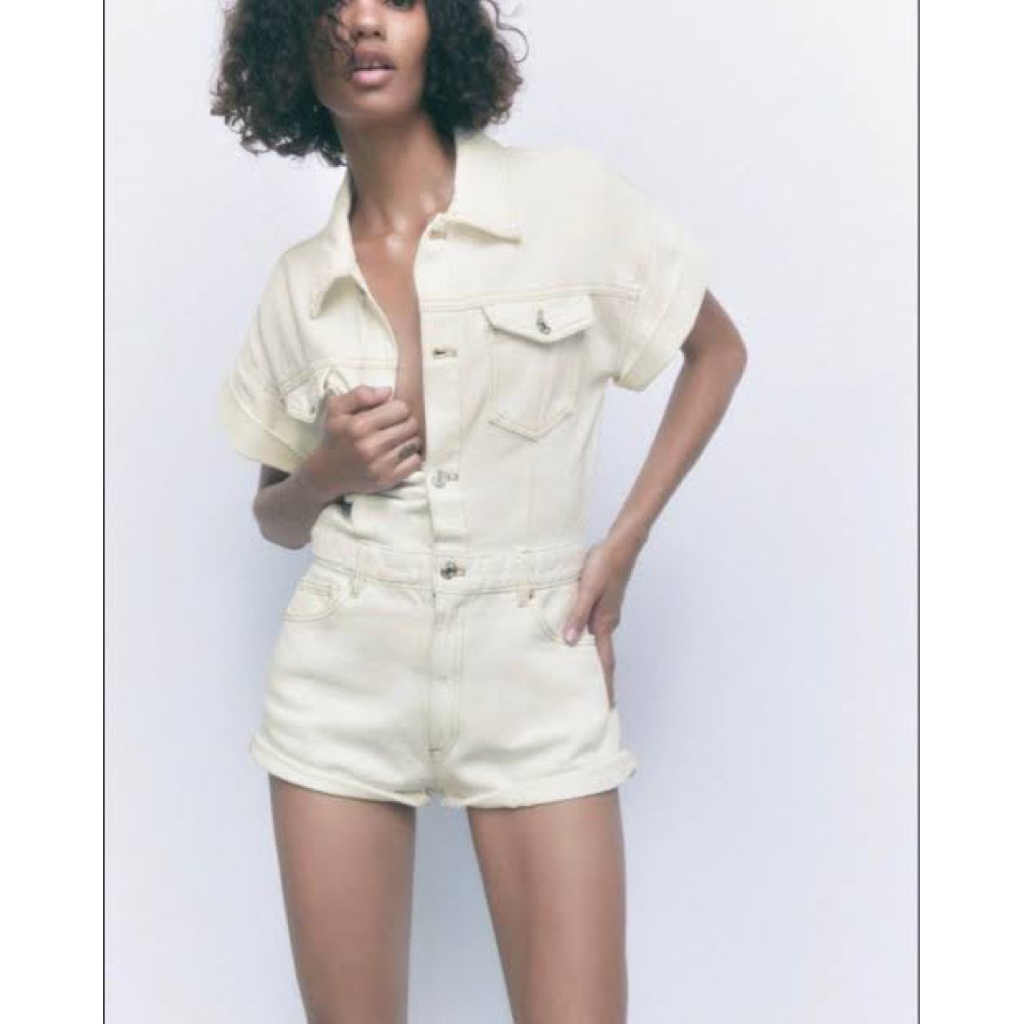 Zara Wearpack Jumpsuit Romper Denim Brokenwhite PL