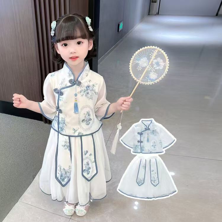 ready Setelan Anak Perempuan Gaya Tiongkok 2 Potong, Baju Hanfu Musim Panas, Motif Biru-Putih Kerami