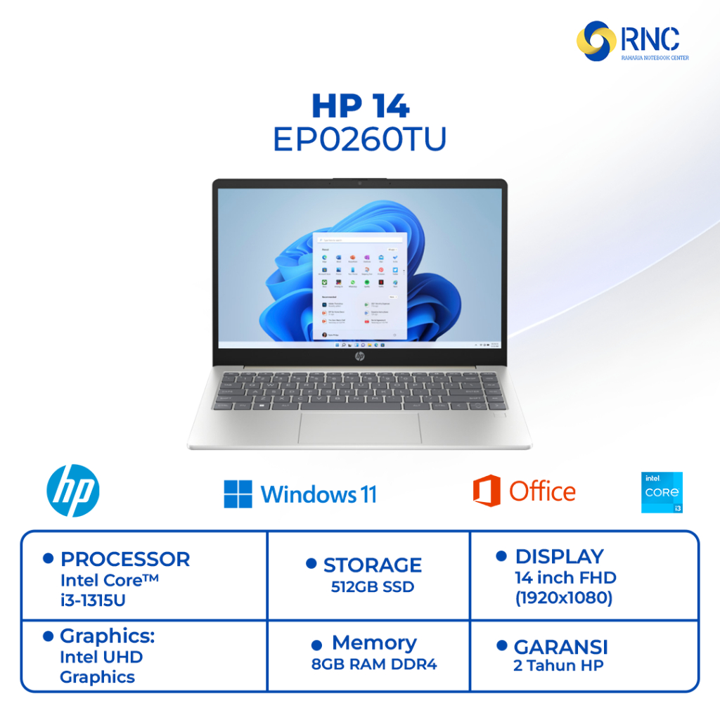 Laptop HP 14-EP0260TU Intel Core i3-1315U / RAM 8GB / SSD 512GB / Layar 14 Inch / Windows 11 / Garan
