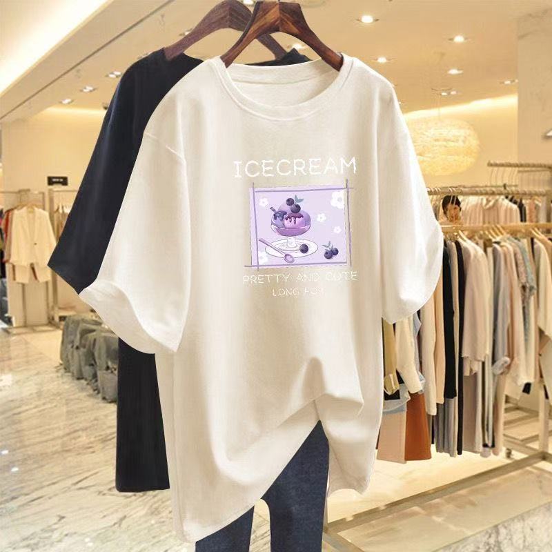 (COD)"Kaos T-shirt Wanita dengan Desain Artistik Es Krim Buah Terung Ungu dan Teks 'ICECREAM PRETTY 