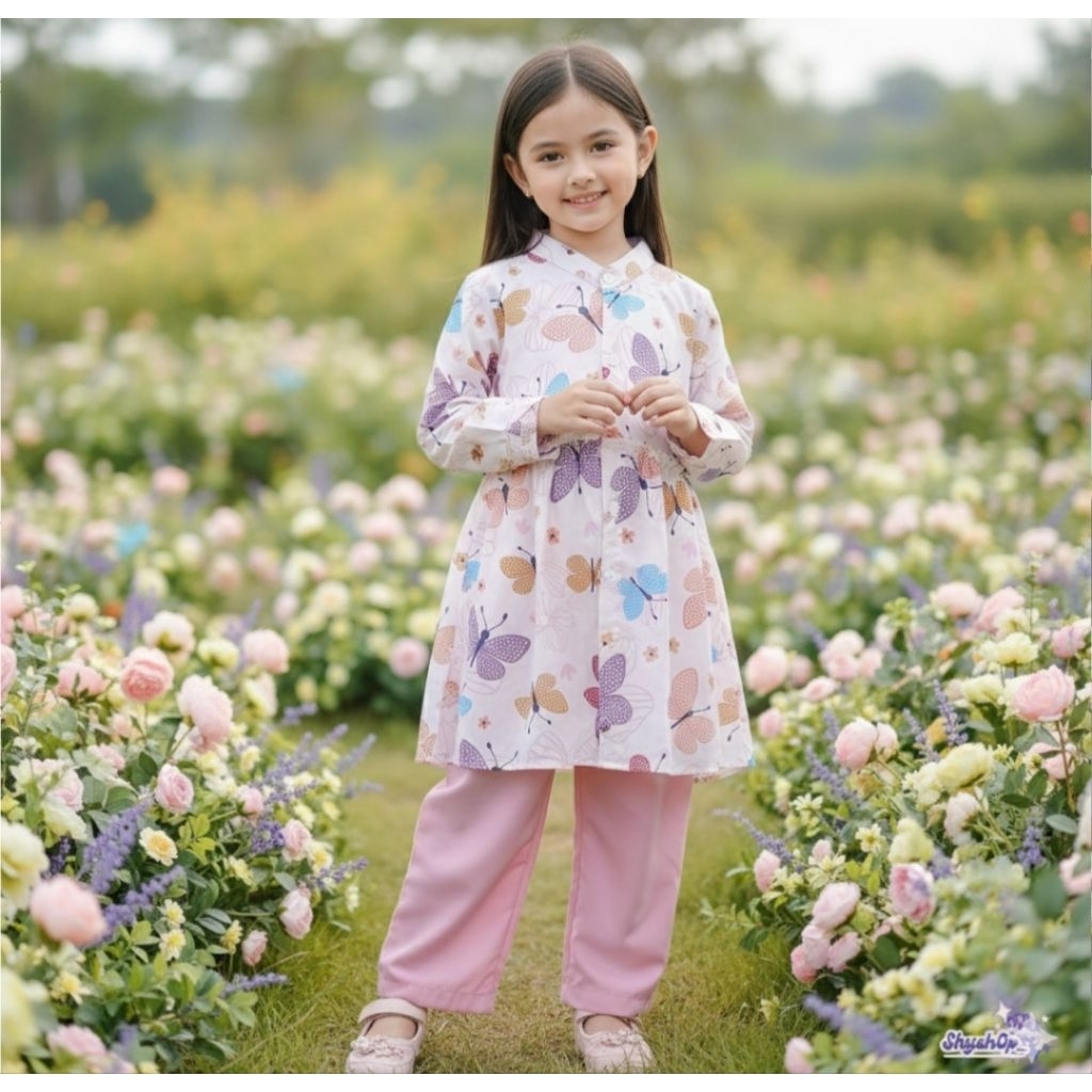 Setelan tunik anak perempuan motif bunga usia 2-6 tahun