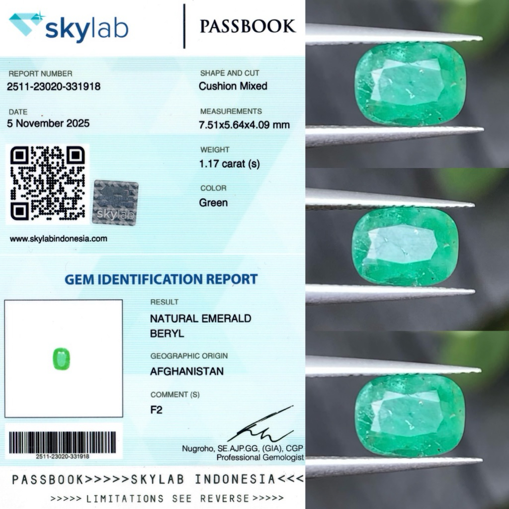 1,17 cts Natural Rare Panjshir Emerald (Zamrud) origin Afghanistan Passbook Skylab