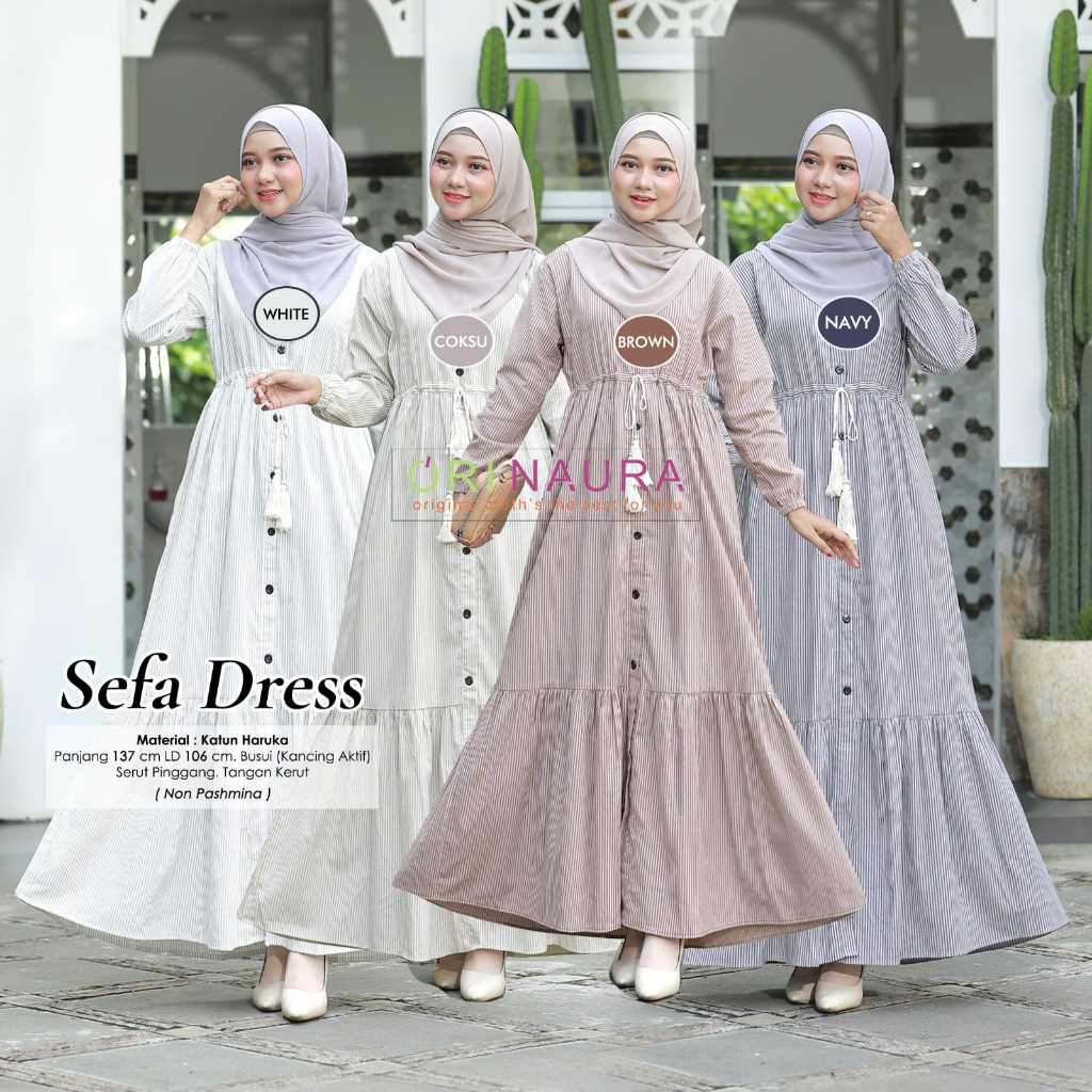 Orinaura Gamis Wanita Sefa Dress Kancing Aktif | Motif Garis Vertikal Slimming | Dress Katun Haruka 