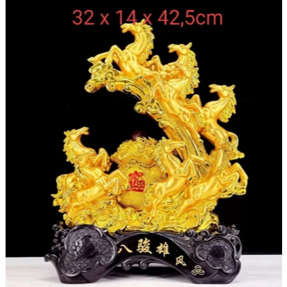 Patung Pajangan Feng Shui 8 Kuda Emas Besar 32x14x42.5cm – Hiasan Rumah & Kantor Pembawa Rezeki