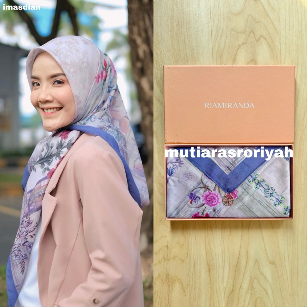 READY STOCK Ria Miranda Scarf Paotere Sapphire Blue Warm Grey Monogram Riamiranda Voal