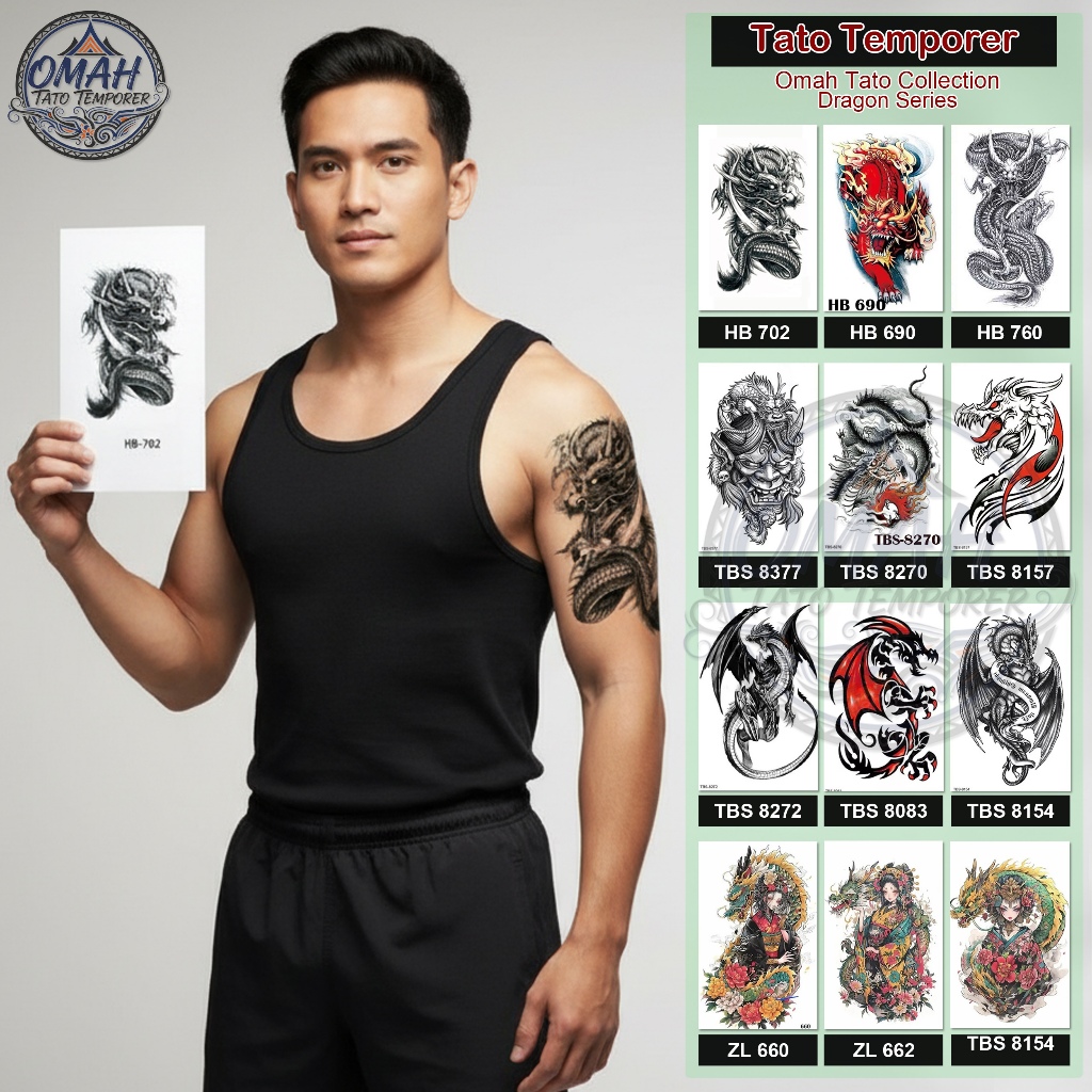 Omah Sticker Tato Tattoo Temporer Temporary Sementara Waterproof Anti Air Pria Tubuh Lengan Dragon N