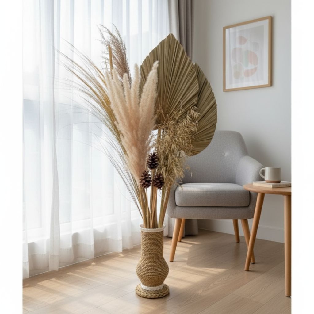 paket bunga kering hiasan sudut ruang tamu lengkap + vas