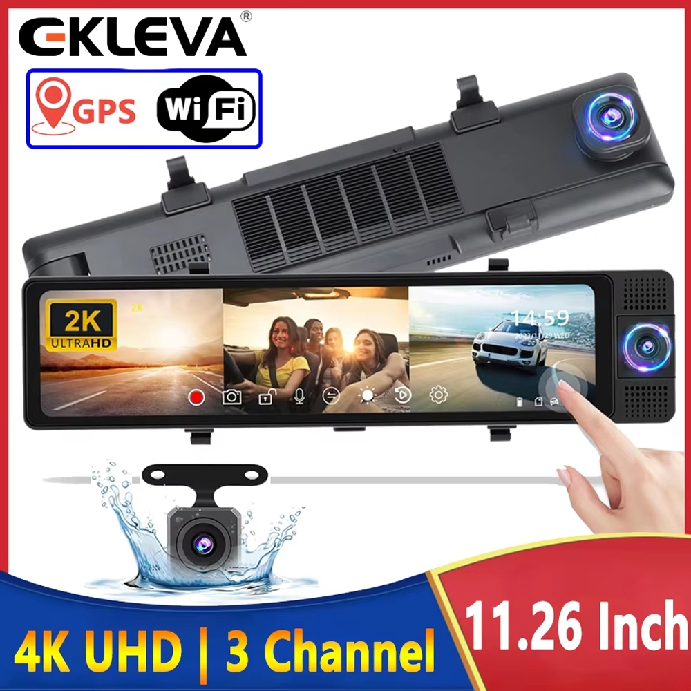 EKLEVA Mirror Dash Cam Car DVR 11,26 Inch 4K 5Ghz WiFi Kaca Spion 3 Kamera Depan/Kabin/Belakang