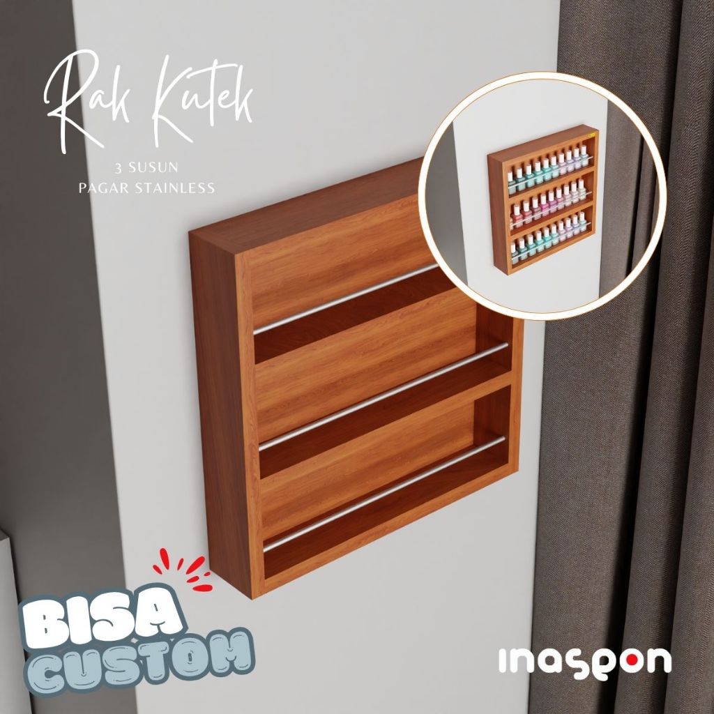 Rak Pajangan 3 Tingakat Warna Coklat - Rak Kutek Dinding Minimalis Tempel- NAYRA - C67