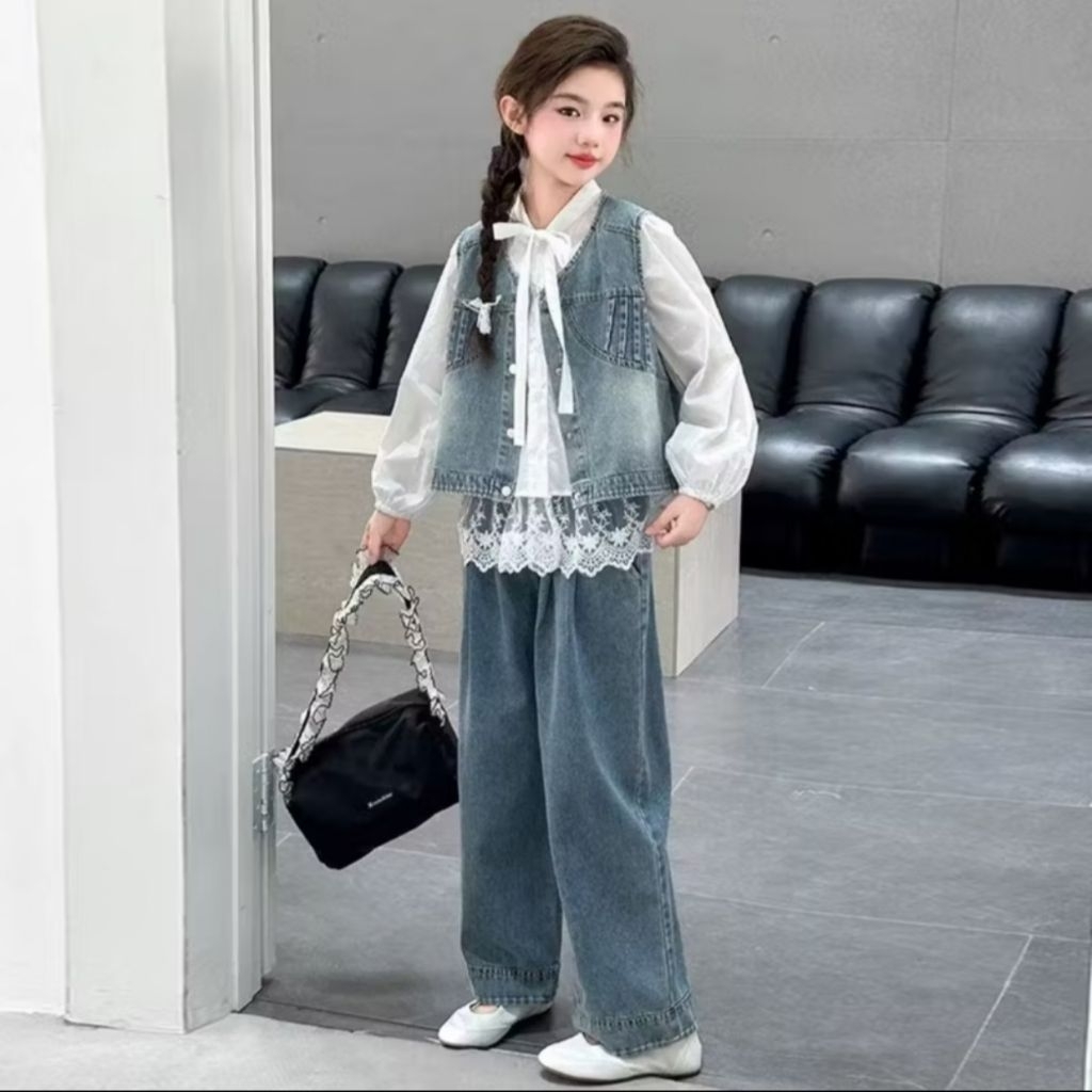 SET 3IN1 ANAK PEREMPUAN KEKINIAN KEMEJA RENDA OUTER JEANS CELANA JEANS KULOT ALA KOREAN STYLE SULTAN