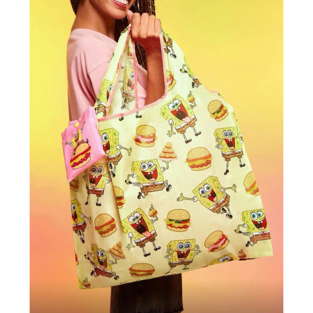 SpongeBob SquarePants | SHEIN 1pc Cute Cartoon Hamburger Pattern Foldable Shopping Bag, Tote Bag Wit